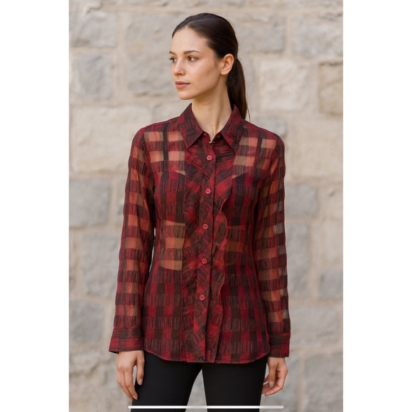 DISMERO TOP SEMI SHEER CRINKLE PLAID CHECKS RUFFLE HOLIDAY DRESSY CHIC L - Picture 1 of 10